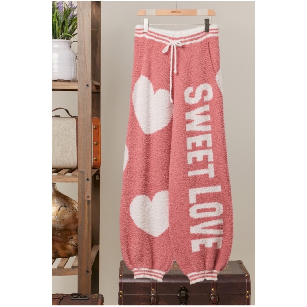 Cozy Dusty Pink Stretchy Waist Heart Print Sweet Lover Joggers